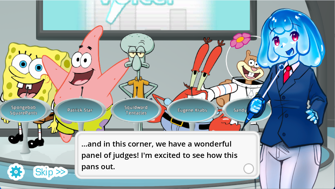The Choicer Voicer game custom judge panel with five cartoon panelists and the host introducing a new round