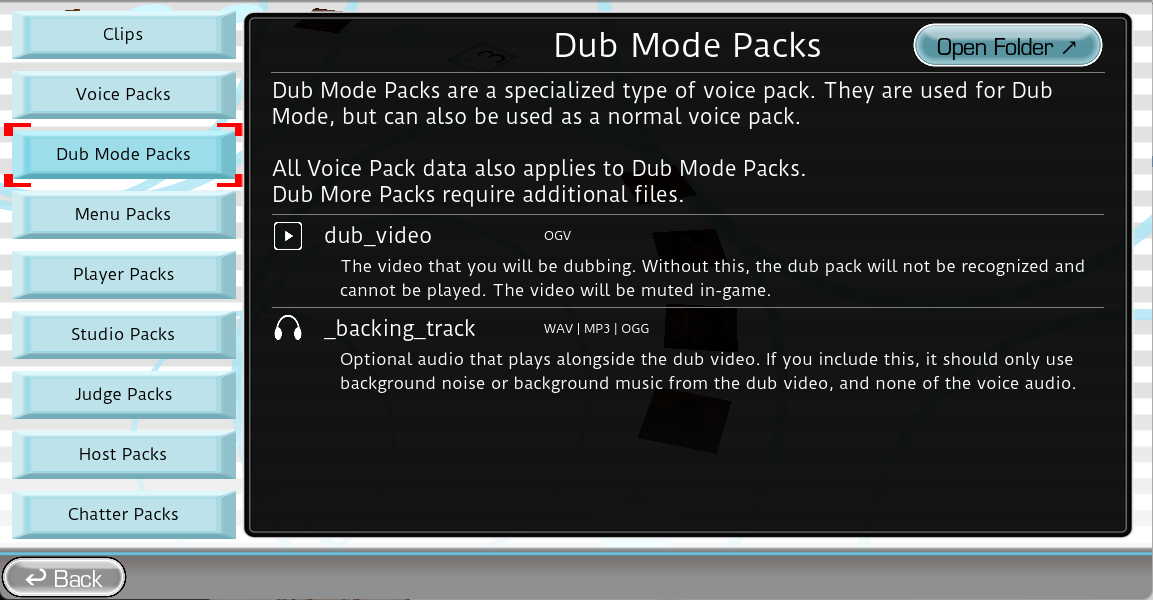 The Choicer Voicer Dub Mode Packs guide explaining the required dub video and optional backing track files