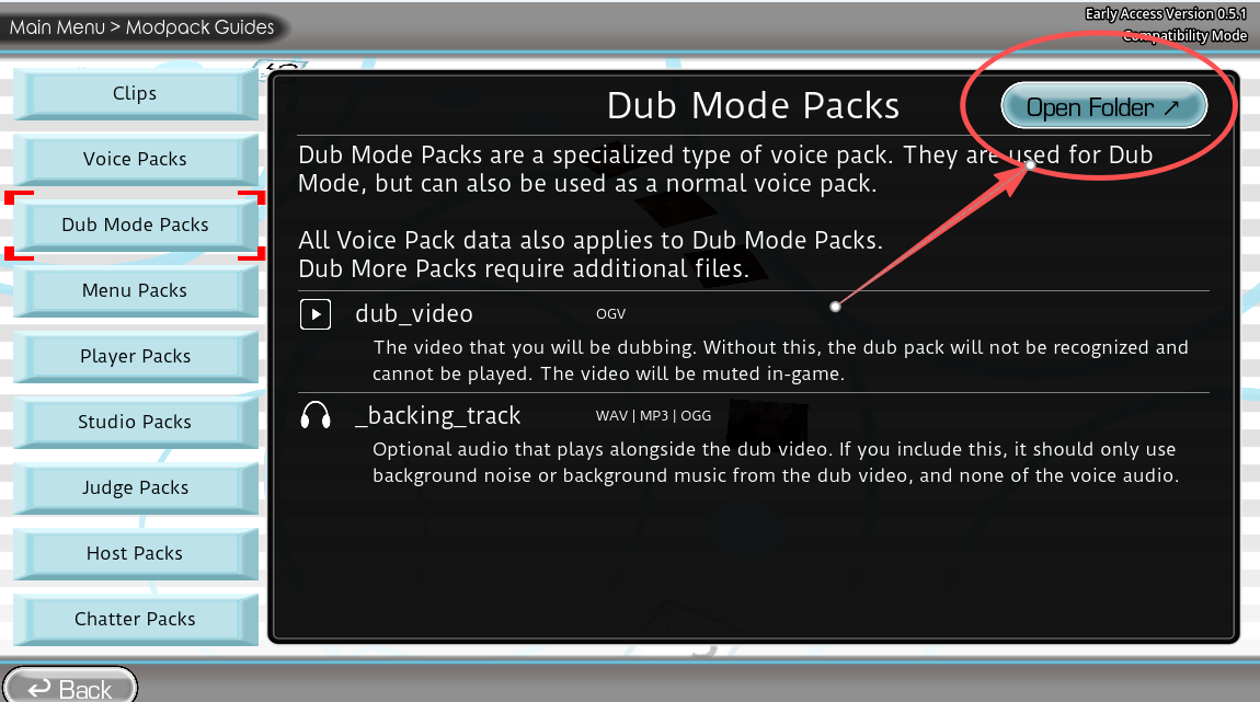 Choicer Voicer Dub Mode Packs guide with the Open Folder button marked for installation