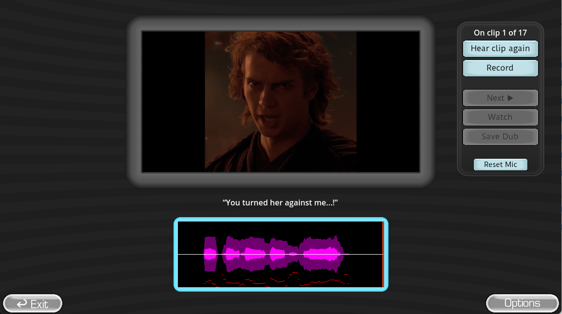 The Choicer Voicer Dub Mode recording screen with a video clip, Record button, quote and audio waveform