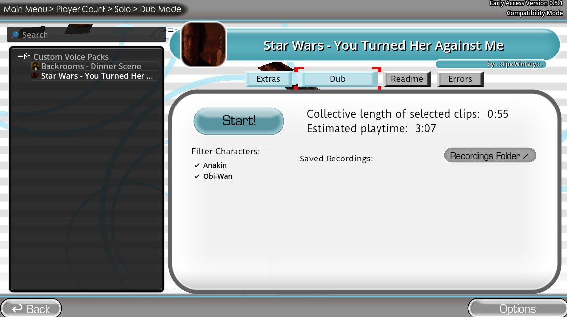 The Choicer Voicer Dub Pack selection screen with Star Wars voice clips, character filters and estimated playtime