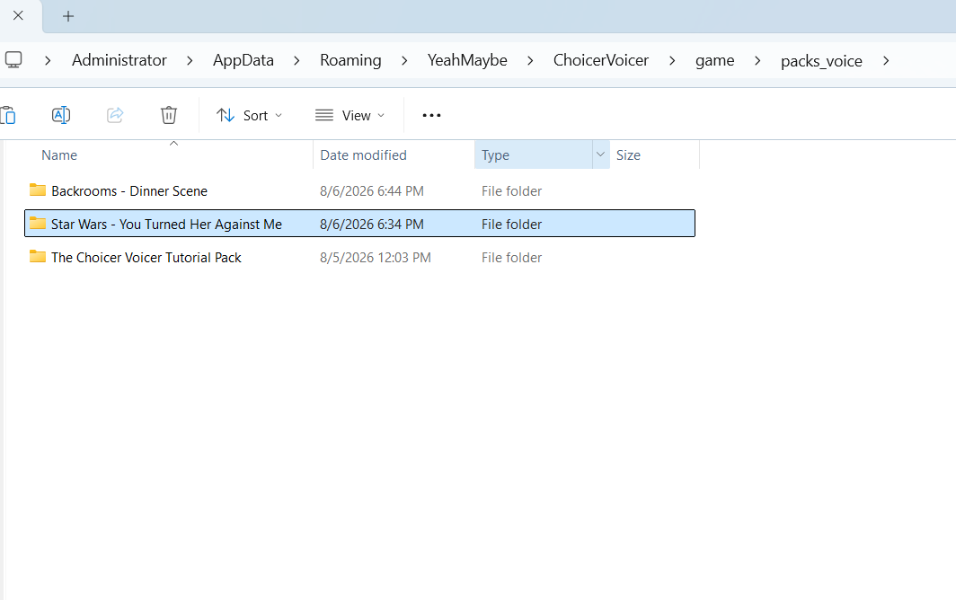 Windows File Explorer showing Choicer Voicer Dub Packs installed inside the packs_voice folder