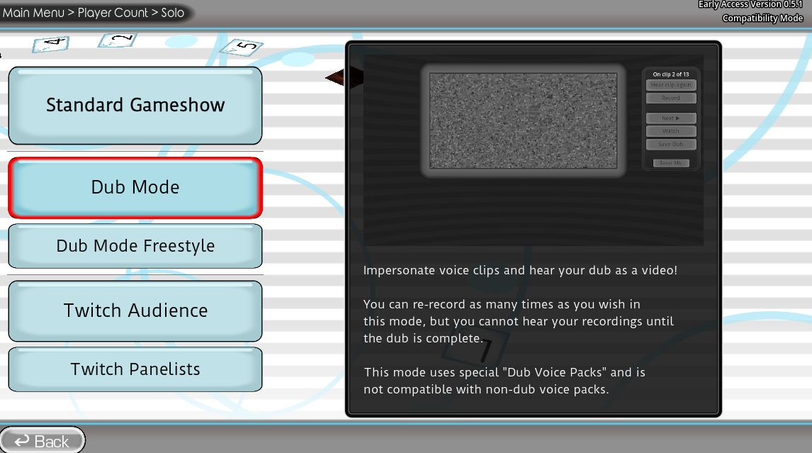 The Choicer Voicer game modes menu with Standard Gameshow, Dub Mode, Twitch Audience and Twitch Panelists