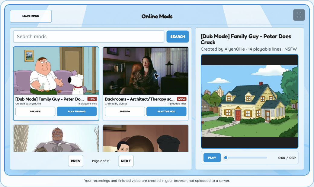 Online Mods showing the selected Family Guy dub game with its preview and playable clip count