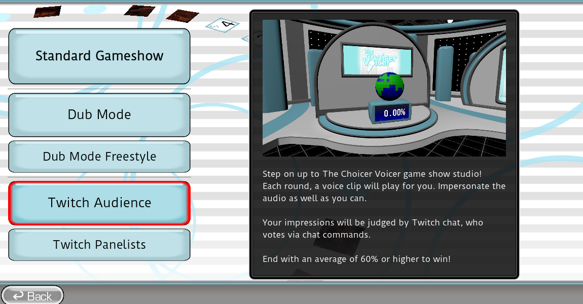 The Choicer Voicer Twitch Audience mode explaining how chat votes on voice impressions