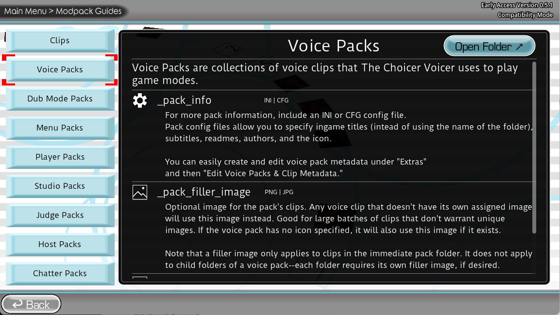 The Choicer Voicer Voice Packs guide with pack metadata, filler image options and custom pack folders