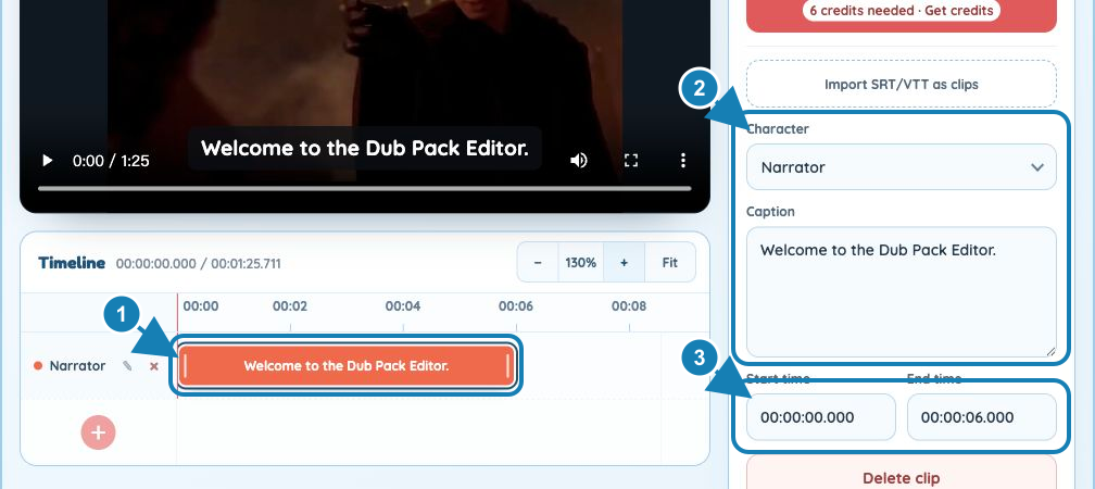 Annotated Choicer Voicer modpack timeline showing clip, character, caption, and timing controls