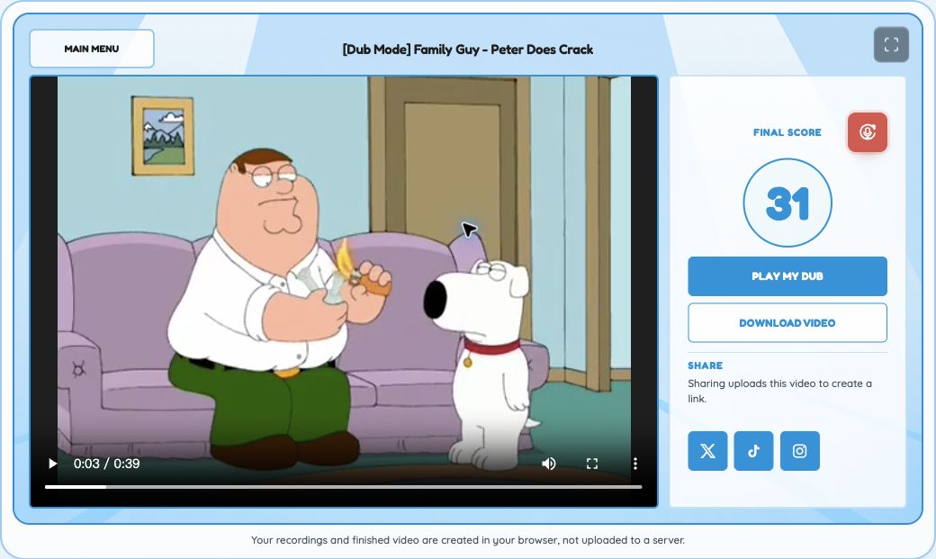 Family Guy dubbing game Results screen showing the final score, Play my dub and Download video controls