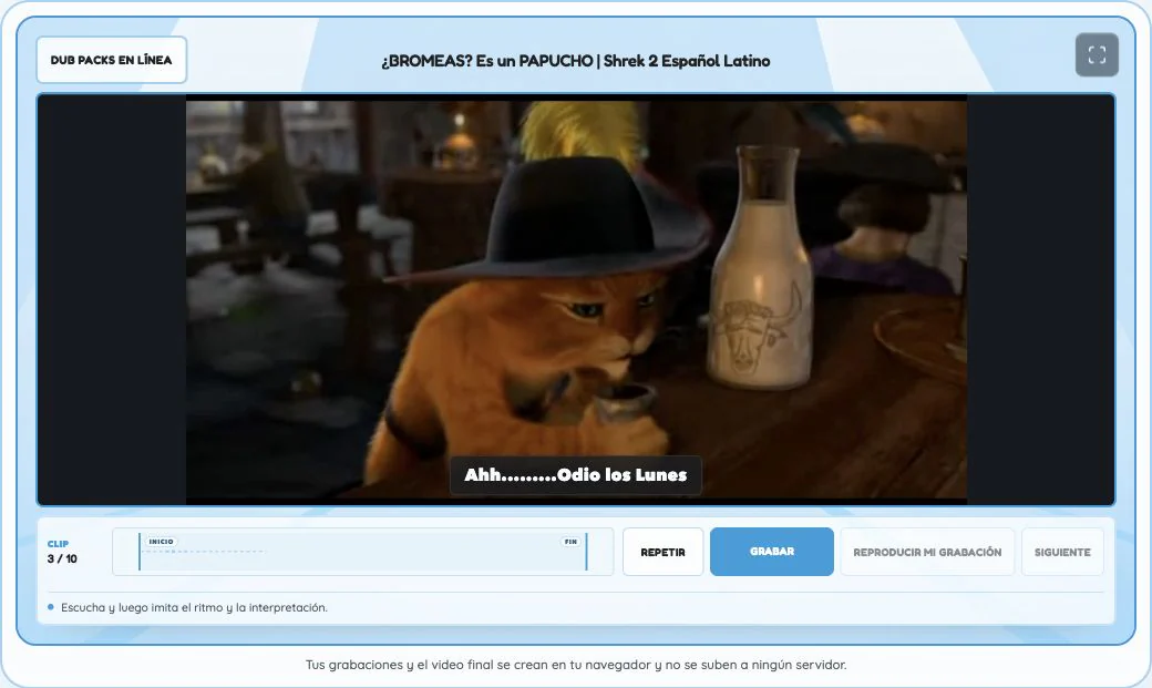 Escena de un juego de doblaje de películas dividida en clips para grabar cada fragmento