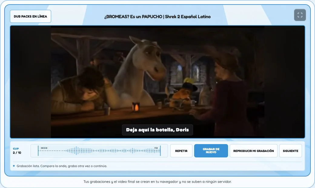 Controles de un juego de doblaje de voz con la onda de audio y los botones Grabar y Siguiente