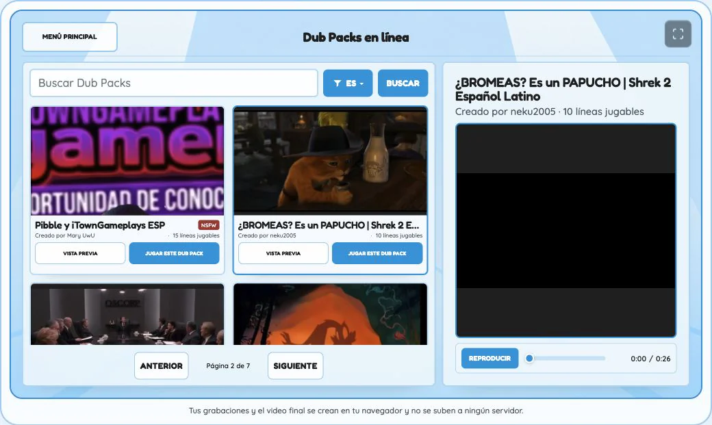 Selección de un Dub Pack en The Choicer Voicer español para empezar un juego de doblaje