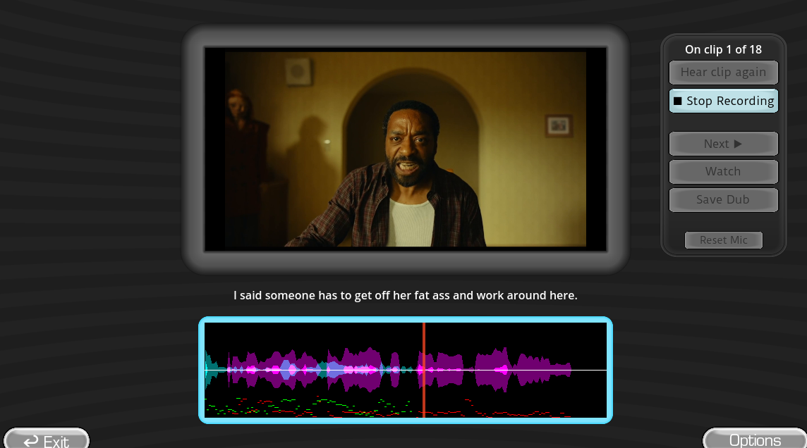 Movie voice over game recording screen with a timed Dub Mode video scene and audio waveform