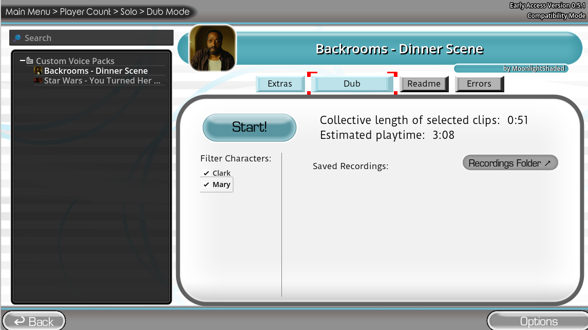 Voice over game Dub Pack selection screen showing custom video scenes for Dub Mode