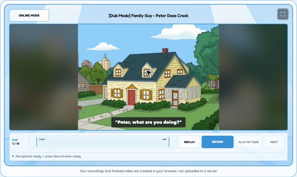 Family Guy voice over game recording screen showing clip 1 of 14 with Replay, Record, Play my take and Next controls