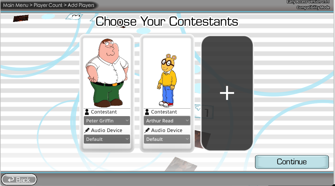 Voice over game with friends contestant selection screen for two local players